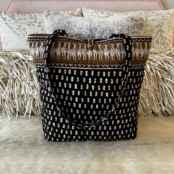Vintage VERA BRADLEY Zebras 2001 Medium Button Tote Black Brown Cream Quilted - Picture 1 of 11